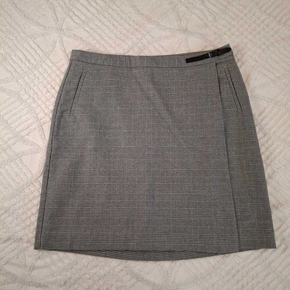 L.L.Bean Women 16 Skirt Gray Glen Plaid Classic‎ Fit Faux Wrap Buckle Lined